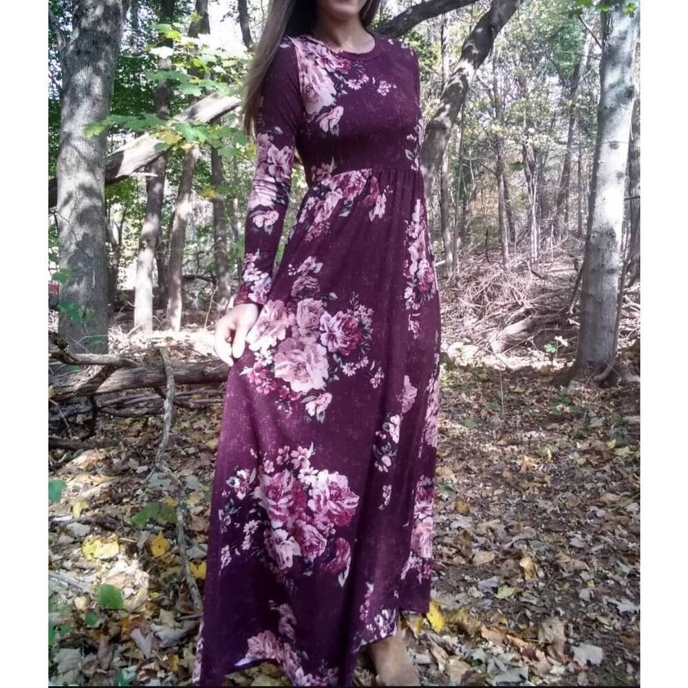 Inherit Clothing Co Dress Women's XS Burgundy Floral Long Sleeve Maxi Modest